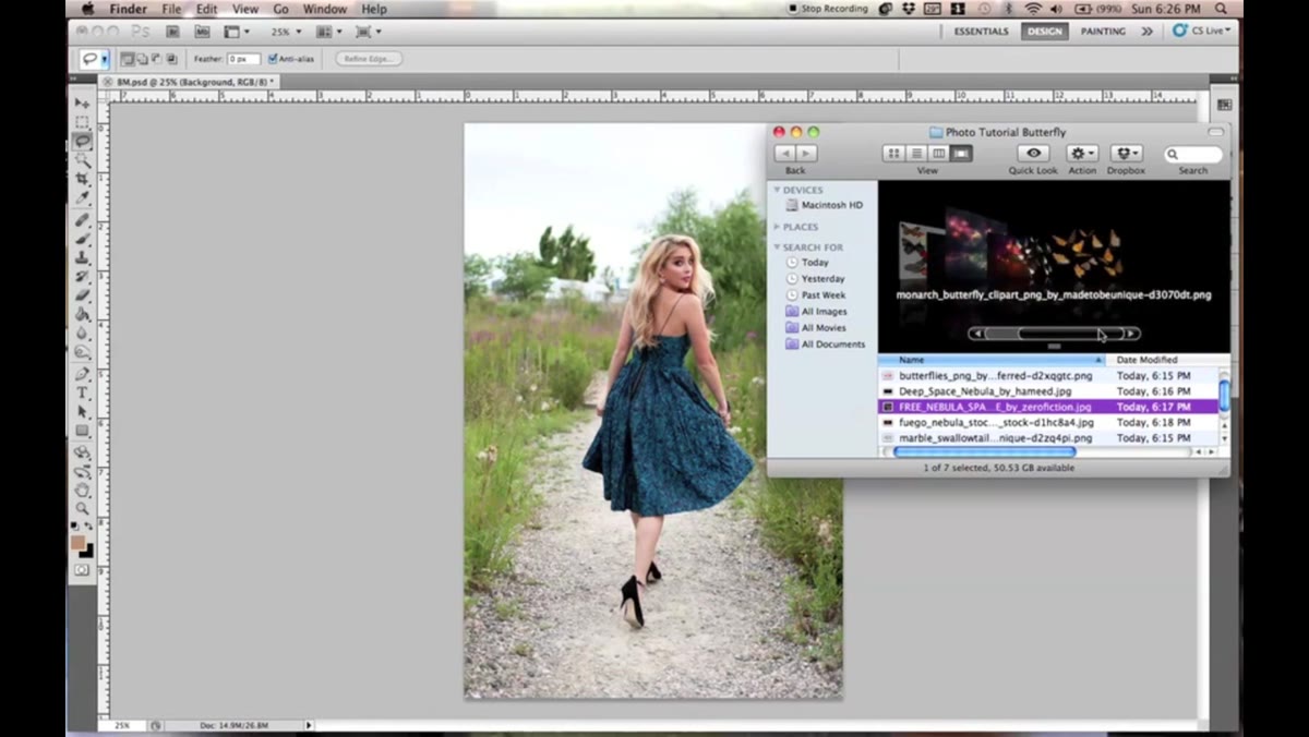Portrait image open in Photoshop with butterfly stock imported