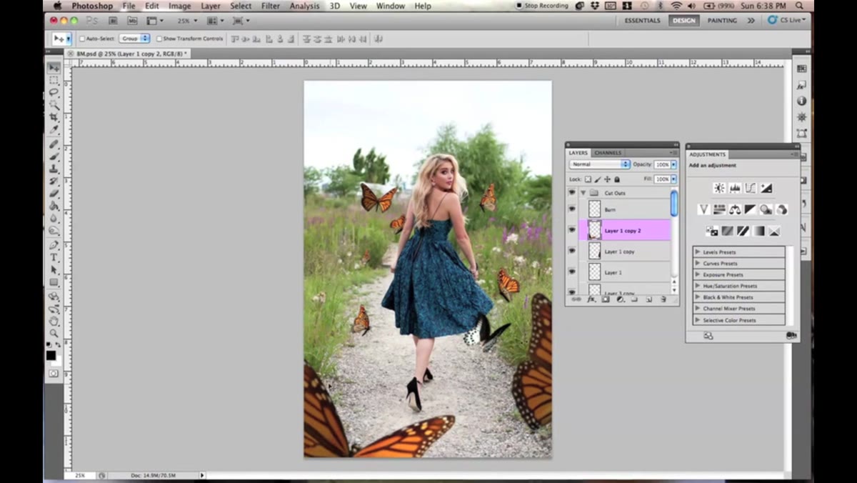 Filter Blur menu open with large foreground butterfly layer selected
