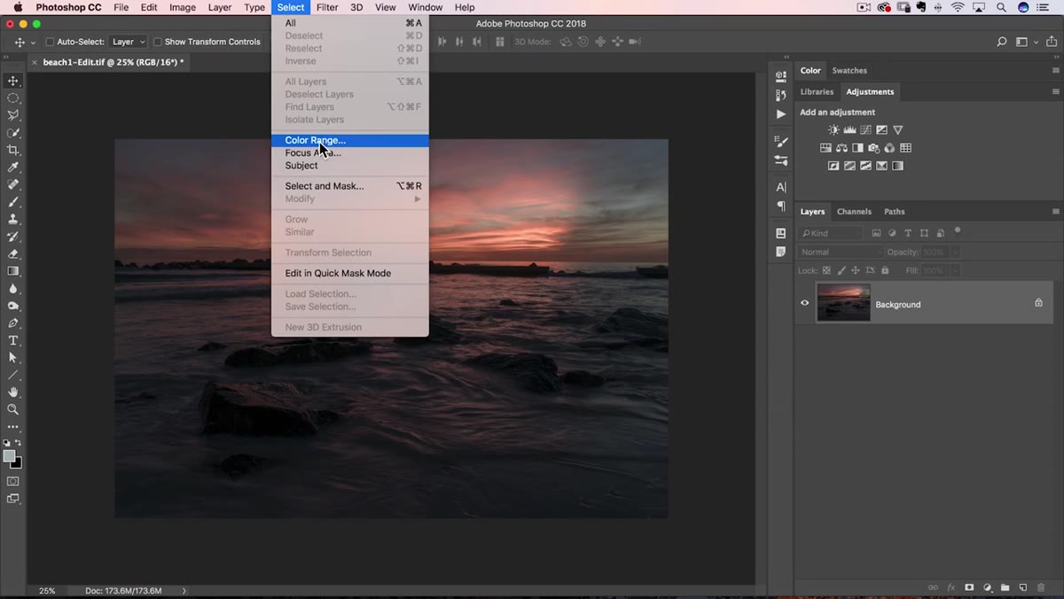 Color Range dialog opened from the Select menu