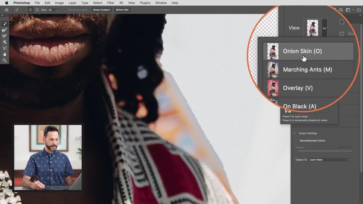 View mode dropdown open, Onion Skin selected in Properties panel