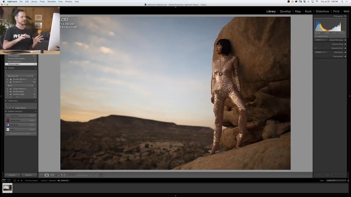 Lightroom Develop module open with a landscape portrait image