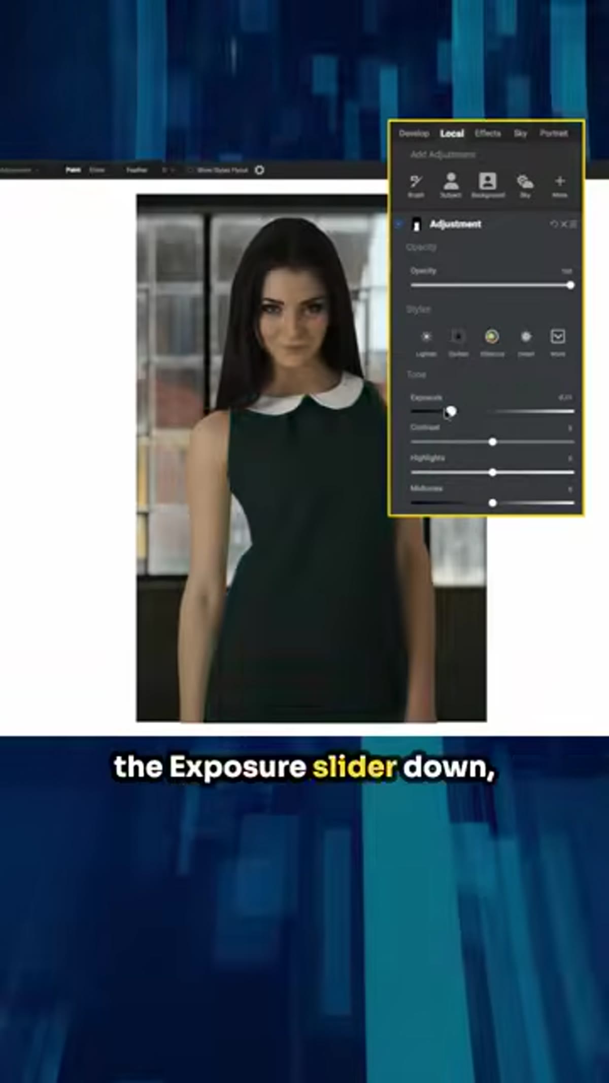 Pulling exposure slider down to darken the dress