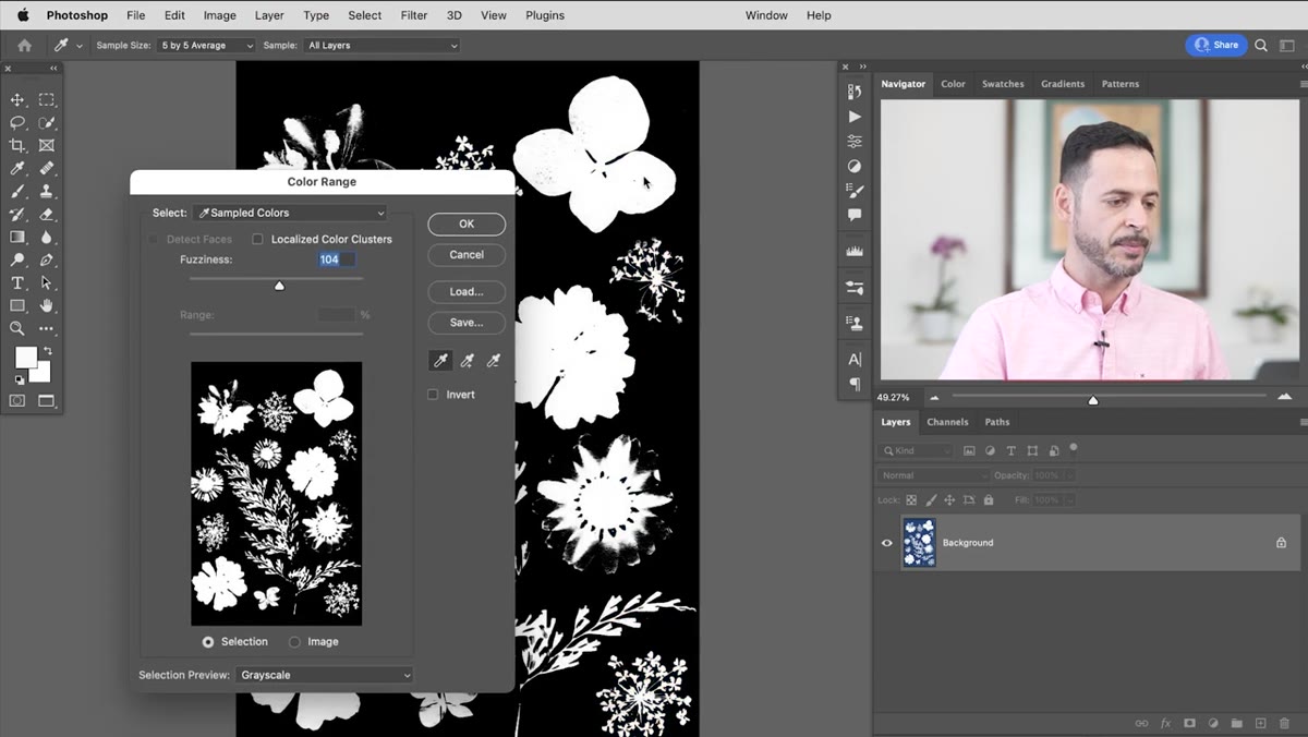 Color Range dialog open, flower selected with fuzziness slider