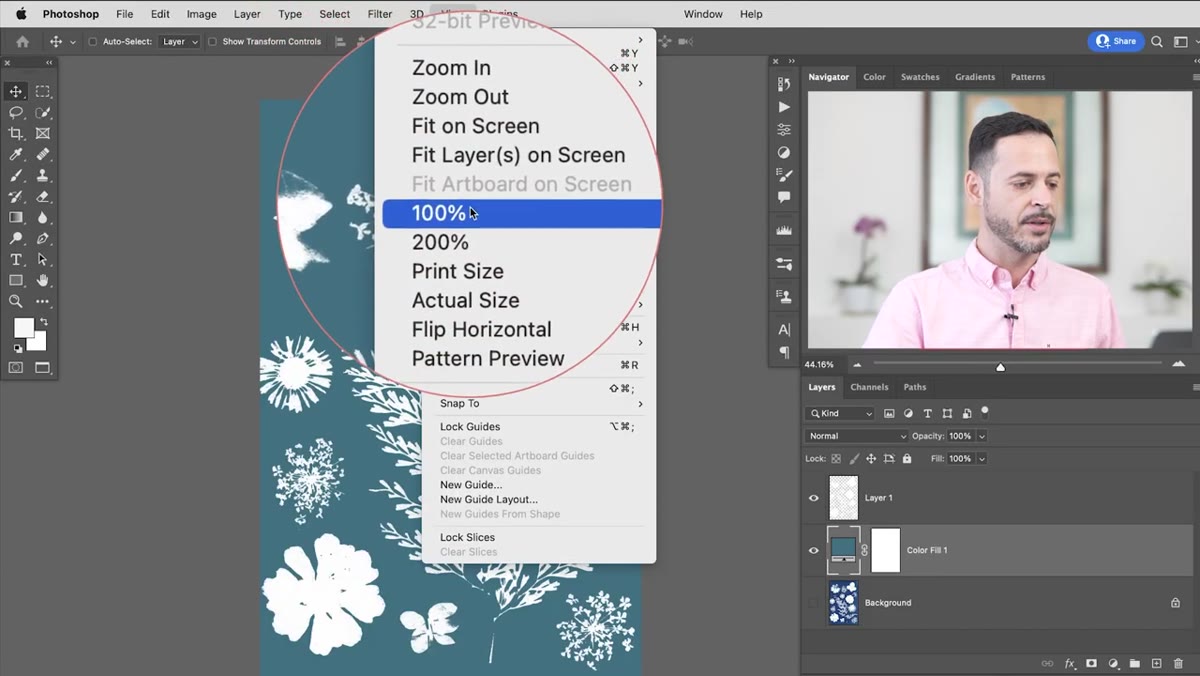 View menu open, Pattern Preview option highlighted