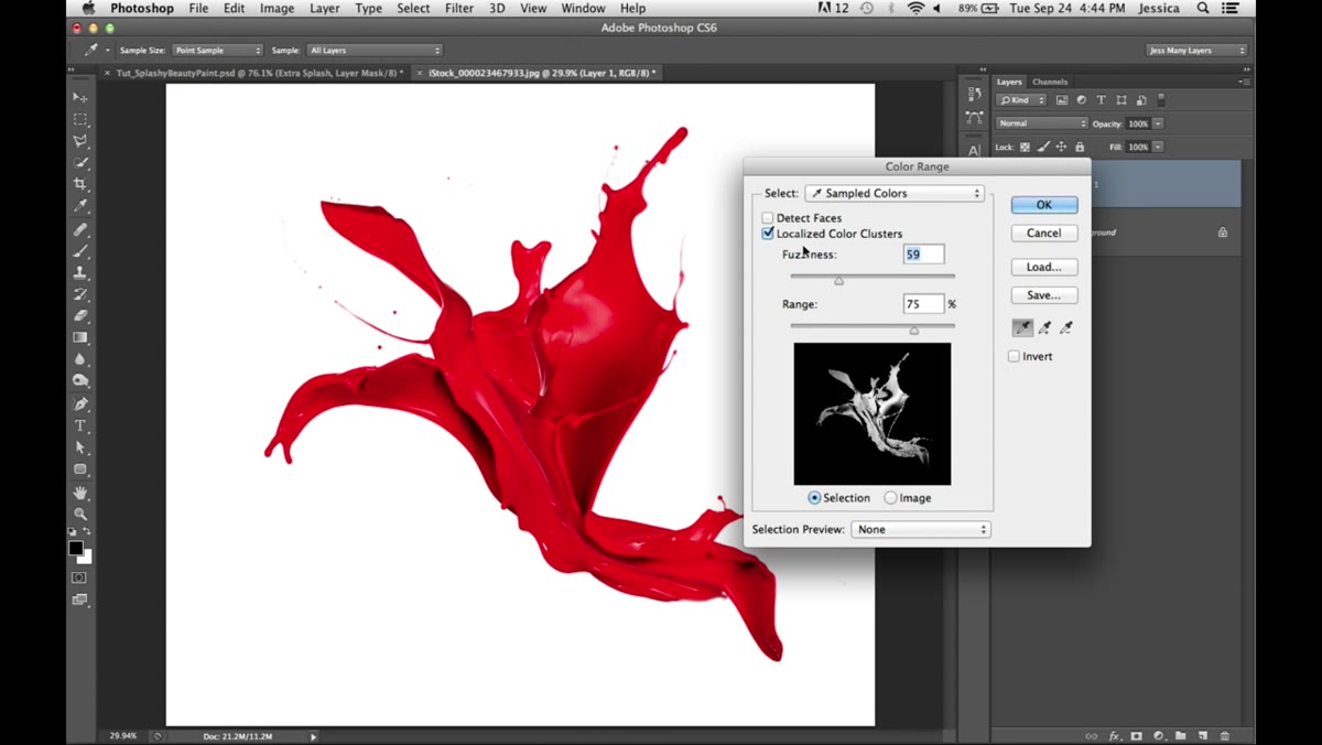 Color Range dialog open with eyedropper on red splash