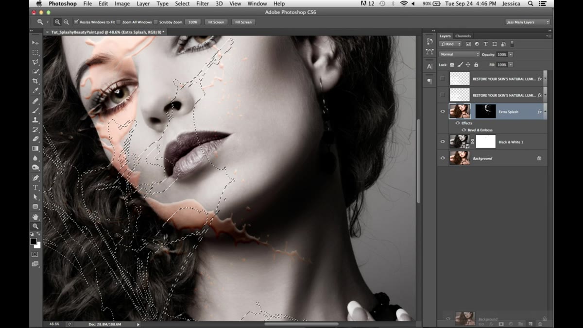 Color layer positioned above black and white, mask applied