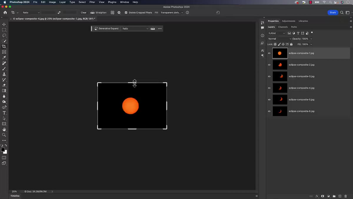caption: Crop tool active with transparency fill selected in options bar