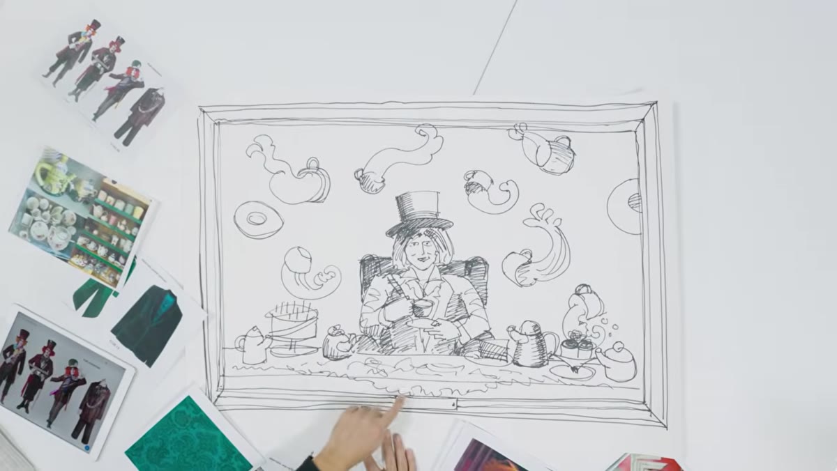 Pre-vis mood board or sketch for the Mad Hatter Tea Party