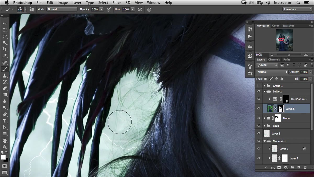 A new layer set to Color blend mode used to repaint the hair edge color