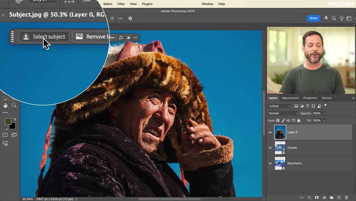 Select Subject button highlighted in the contextual taskbar
