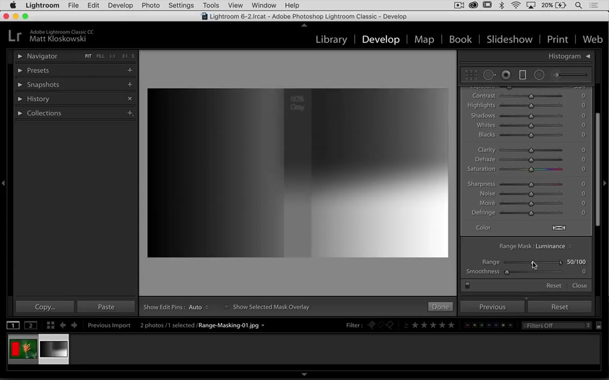 Luminance sliders positioned near center, showing 50% gray boundary