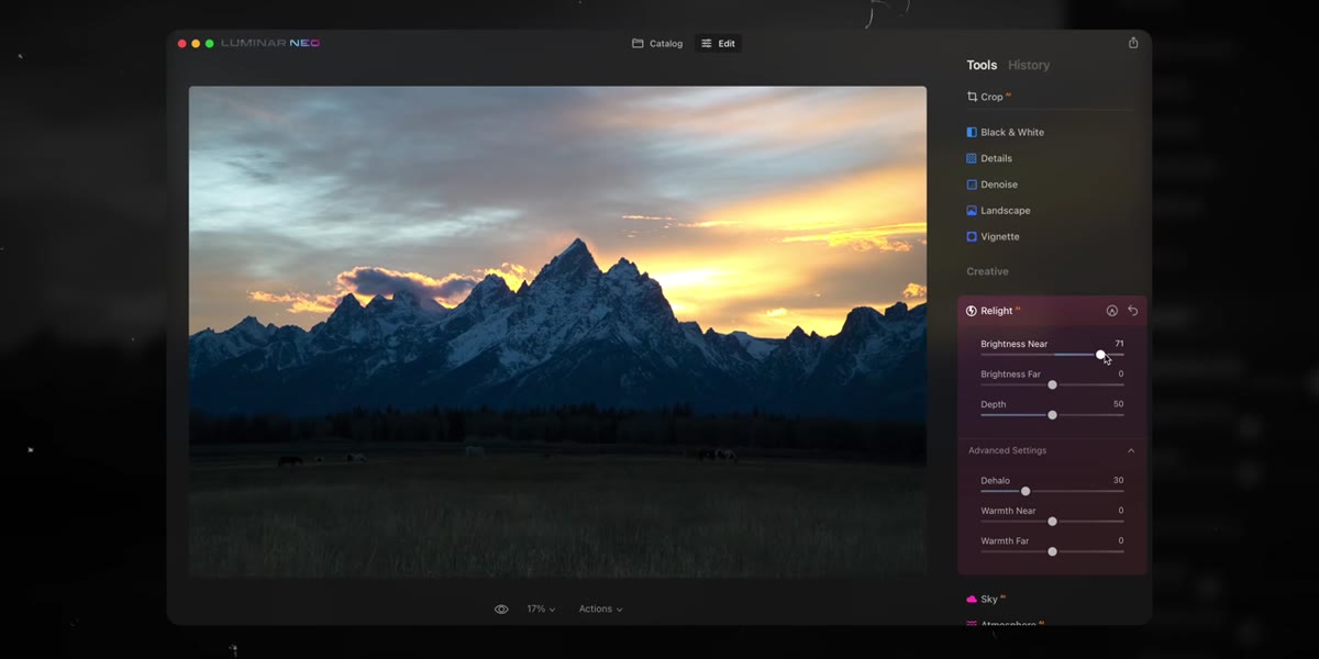 Brightness Near slider pulled up, foreground field visibly brightened