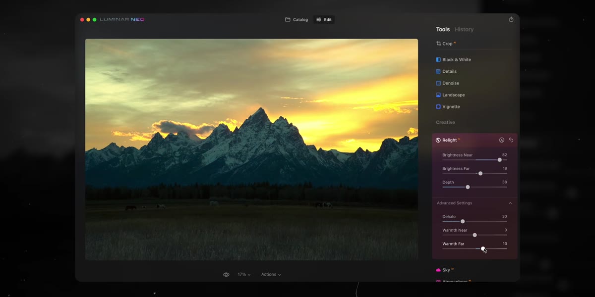 Advanced settings expanded, warmth and color controls visible below main sliders