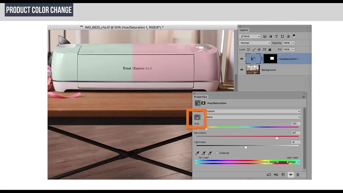 Targeted color button highlighted in Hue Saturation Properties panel