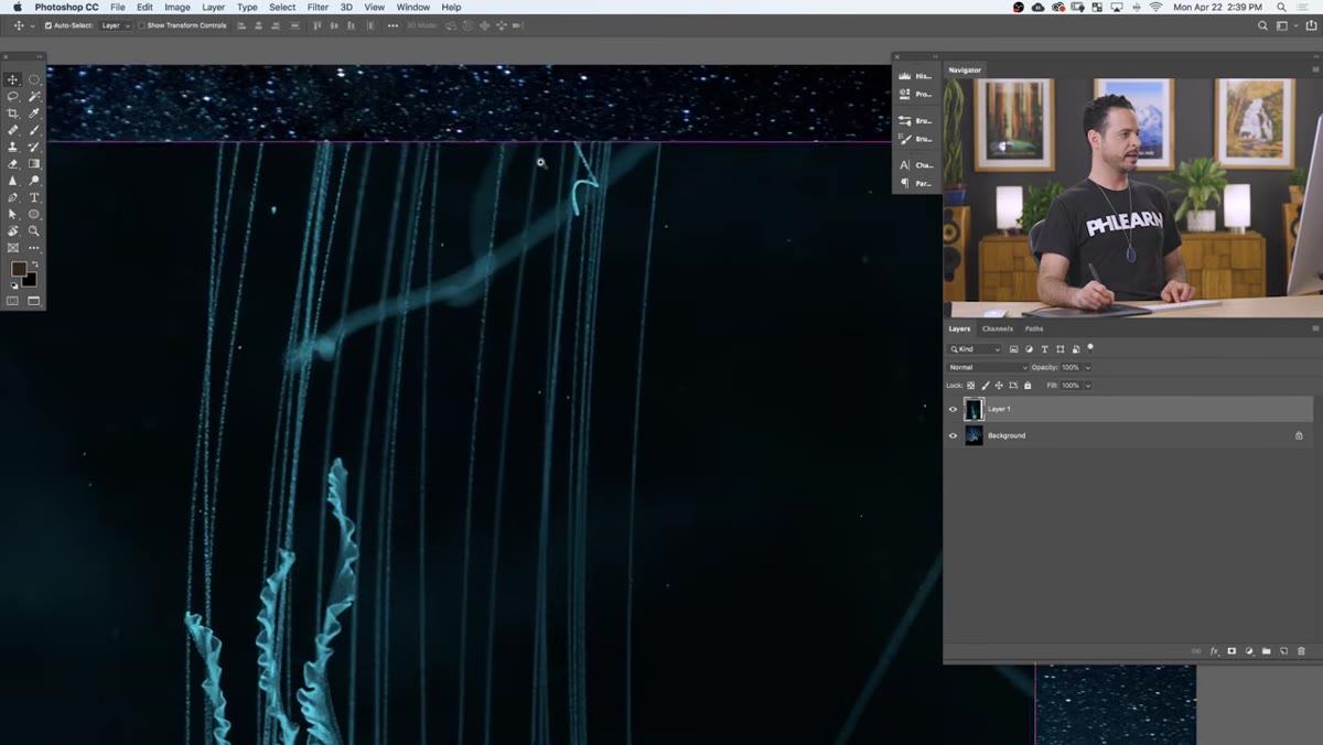 Layer mask added to jellyfish layer, brush painting black to hide edges