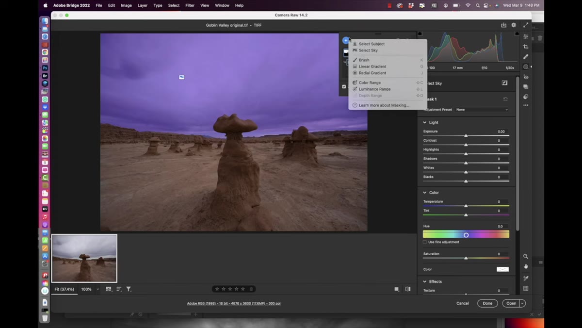 Color Range mask being created, goblin rock formation targeted
