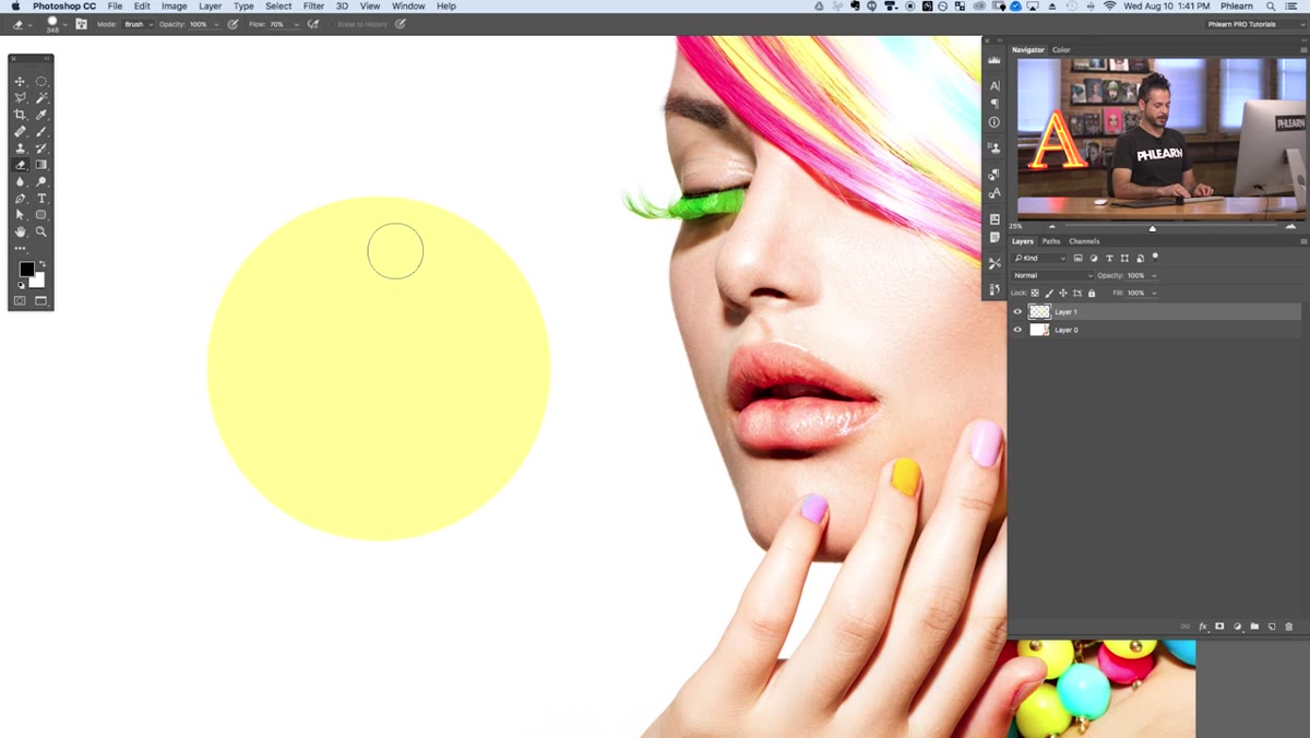 Eraser tool removing part of yellow circle destructively