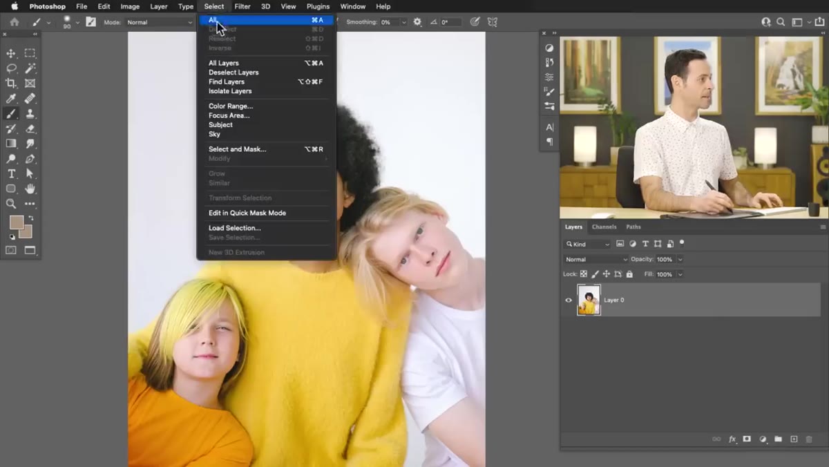 Photoshop Select menu open, Subject option highlighted