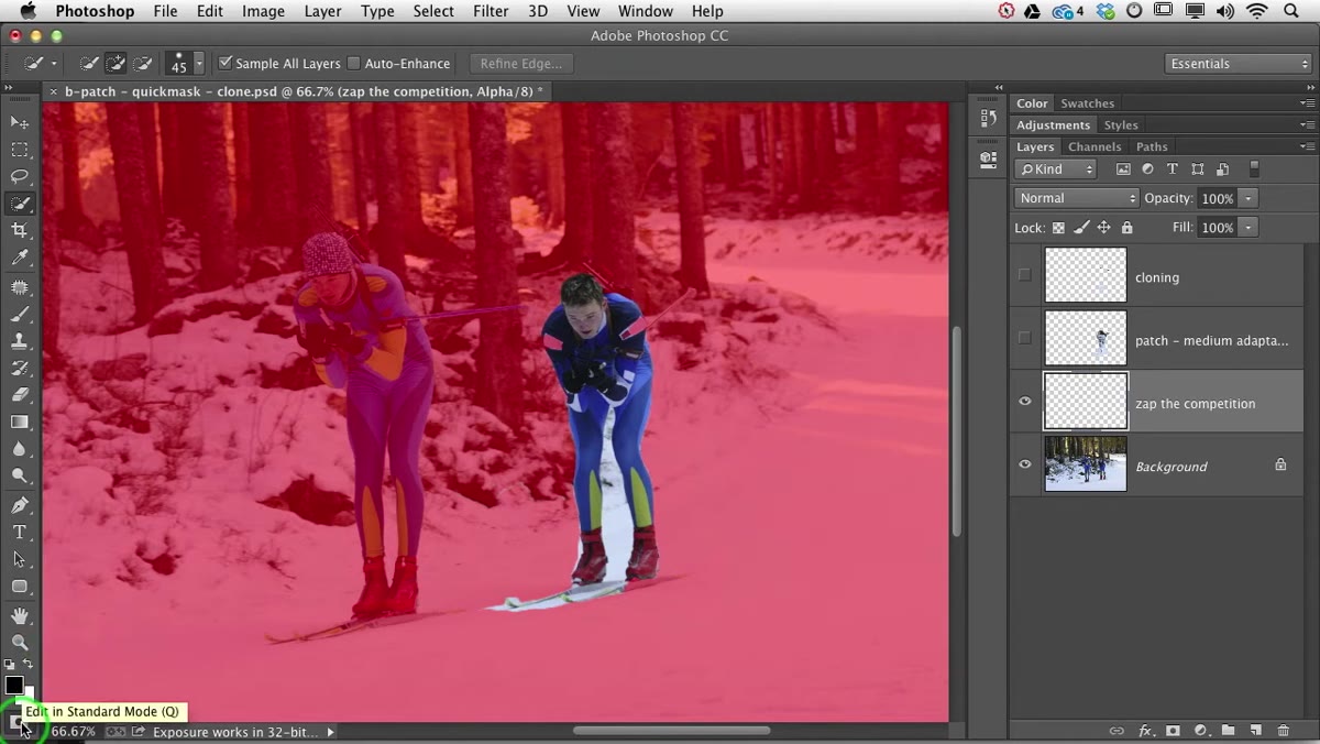Quick Mask Options dialog showing Color Indicates Masked Areas