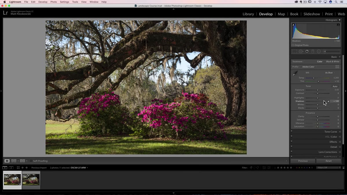 Lightroom exposure and shadow sliders being adjusted
