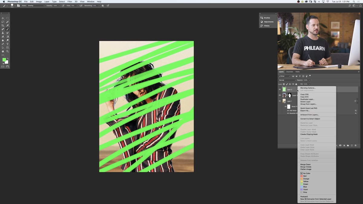 Clipping mask applied, layer indented beneath subject layer