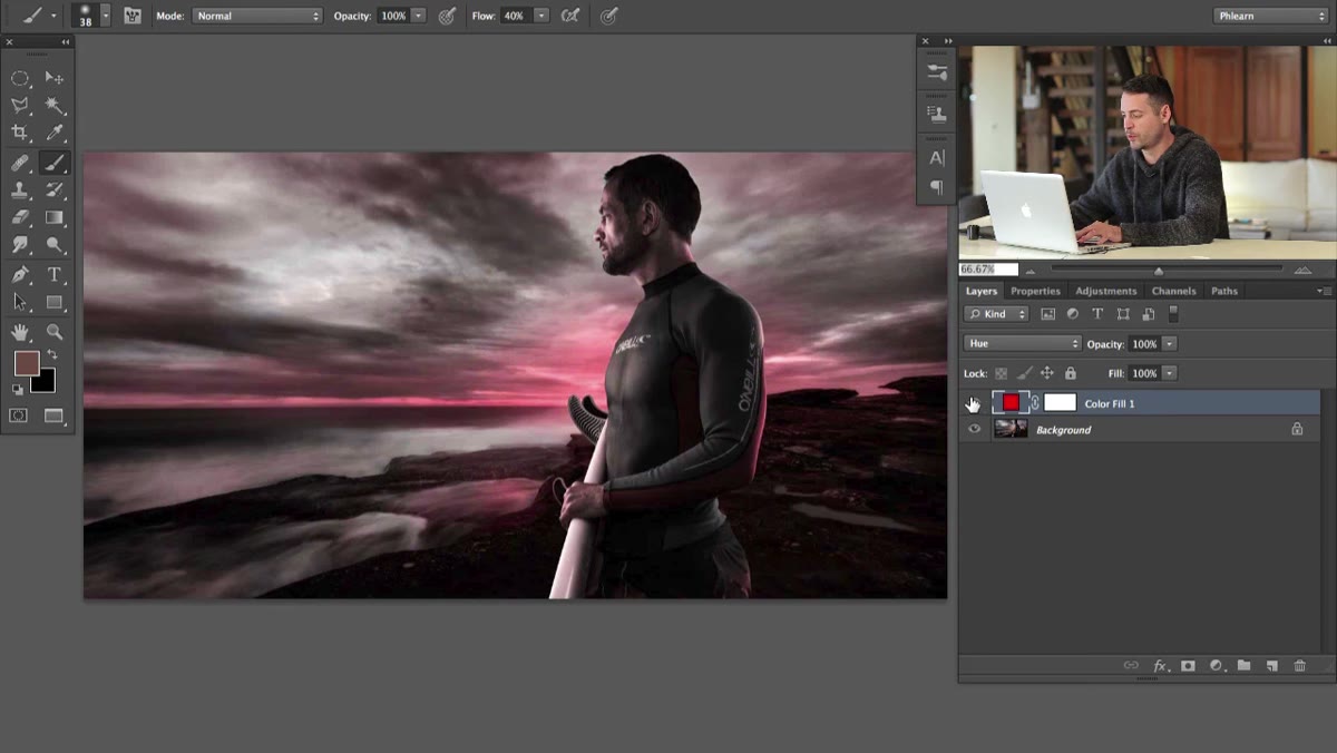 Layer blend mode dropdown showing Hue selected