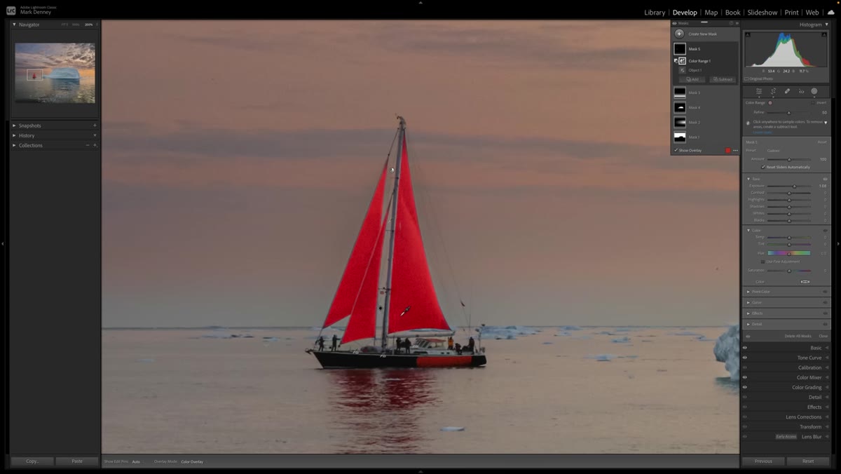 Final mask applied with exposure increase showing isolated sails only