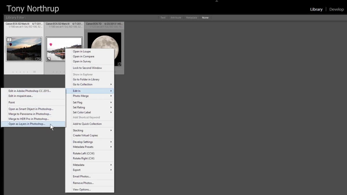Right-click menu in Lightroom showing &ldquo;Open as Layers in Photoshop&rdquo;