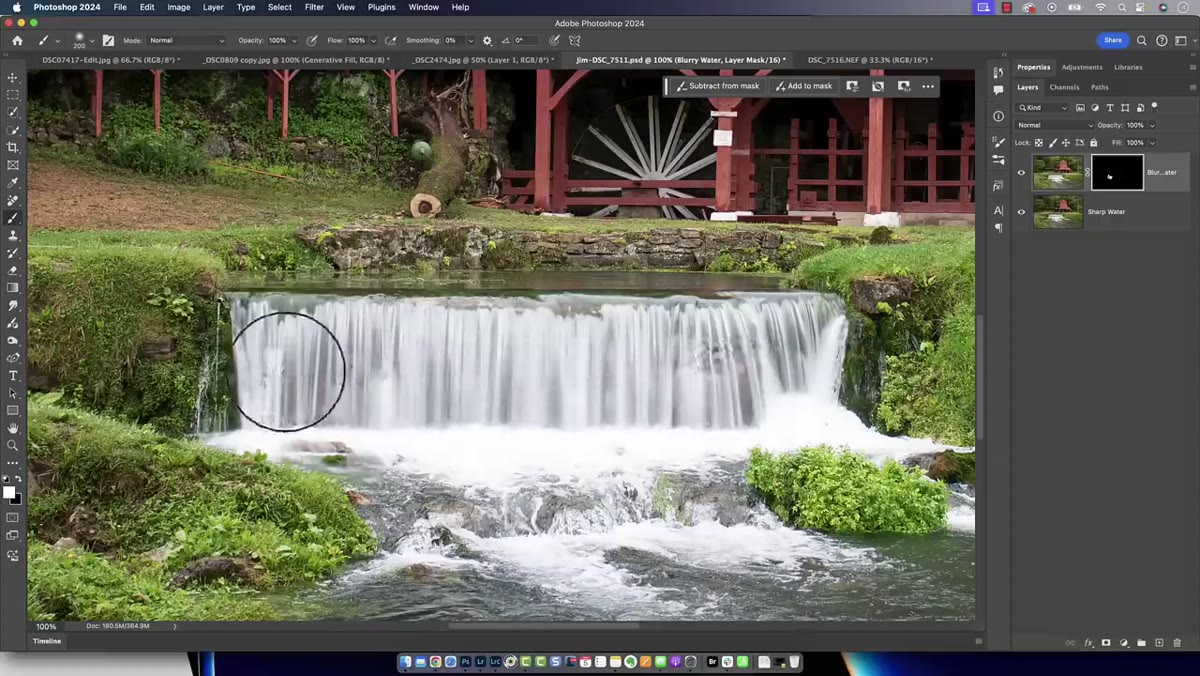 Close-up of mask edges where water meets rocks in the composition