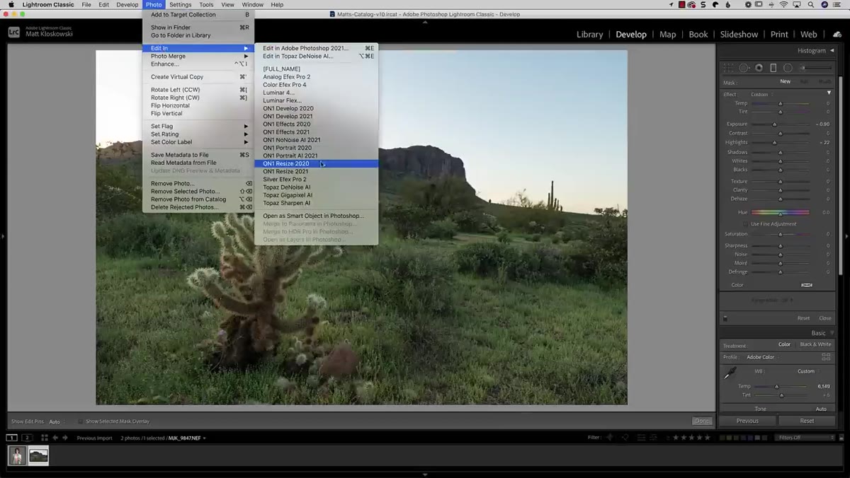 Lightroom menu open, Edit In Photoshop option highlighted